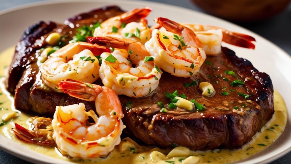 Steak crémeux à l'ail et crevettes